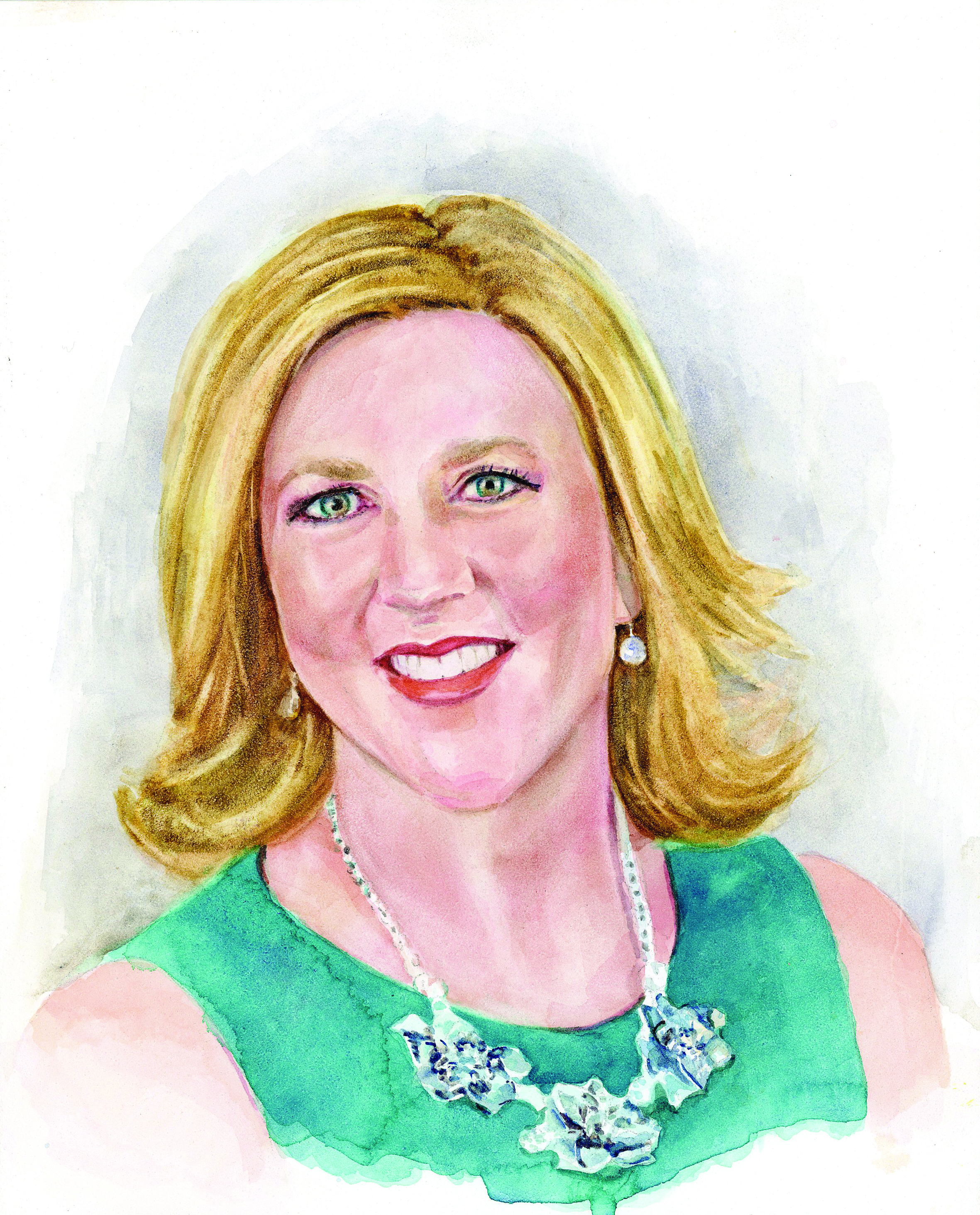 A watercolor portrait of a smiling woman with shoulder-length blonde hair, wearing a teal top and a decorative silver necklace. She has fair skin and blue eyes, and her expression is friendly and confident. The background is softly blurred, focusing attention on her.