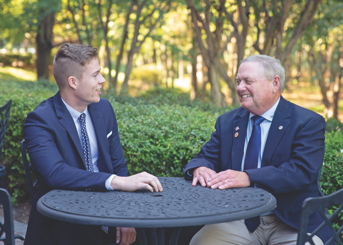 Julian Farthing ’19 (left) won a Best Paper Award for research he conducted under the guidance of Dr. Frank Bacon. ‘It’s great to see students produce at a level they never thought they could,’ says Bacon (Photo by Parker Michels-Boyce).