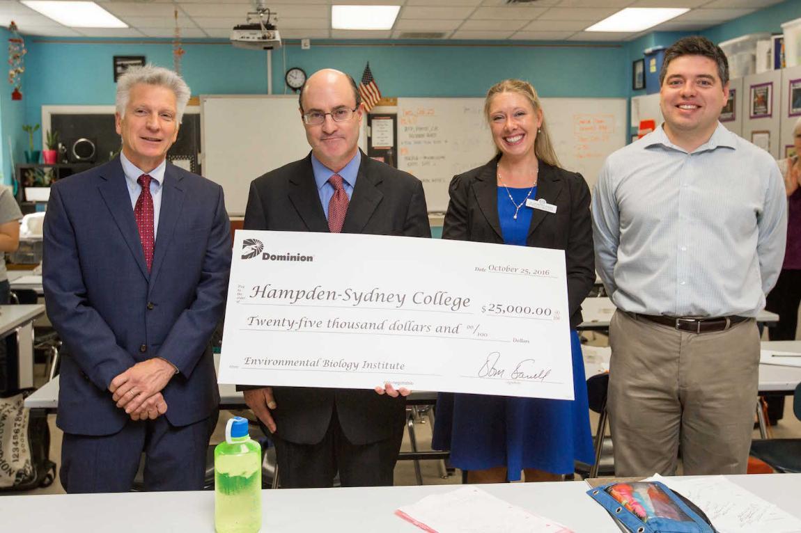 H-SC President Dr. Larry Stimpert, Dominion Virginia Power Senior Vice President for Regulatory Affairs Tom Wohlfarth, Longwood biology professor Dr. Amorette Barber, H-SC biology professor Dr. Michael Wolyniak.