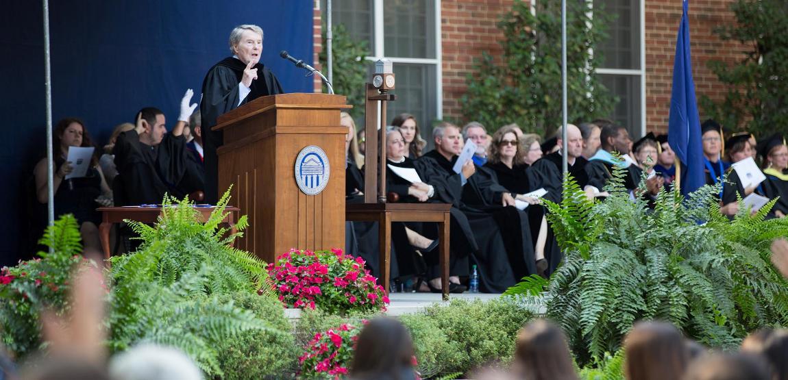 Jim Lehrer speaking at Convocation 2016