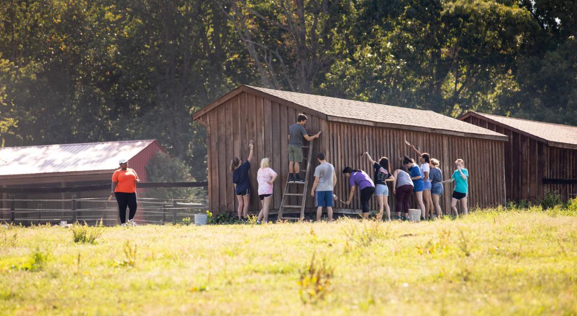 Students volunteering at therapeutic horse center